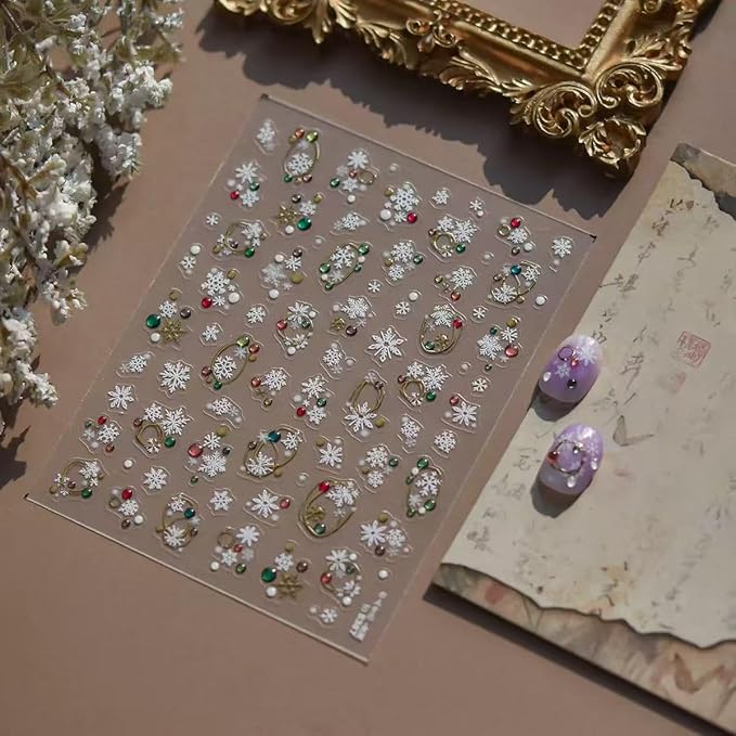 2 Sheets Christmas Nail Art Stickers Snowflake Nail Decals with Rhinestone Silver Gold Snowflake Christmas Nails Design Adhesive Stickers Nail Art Supplies for Women Holiday DIY Nail Art