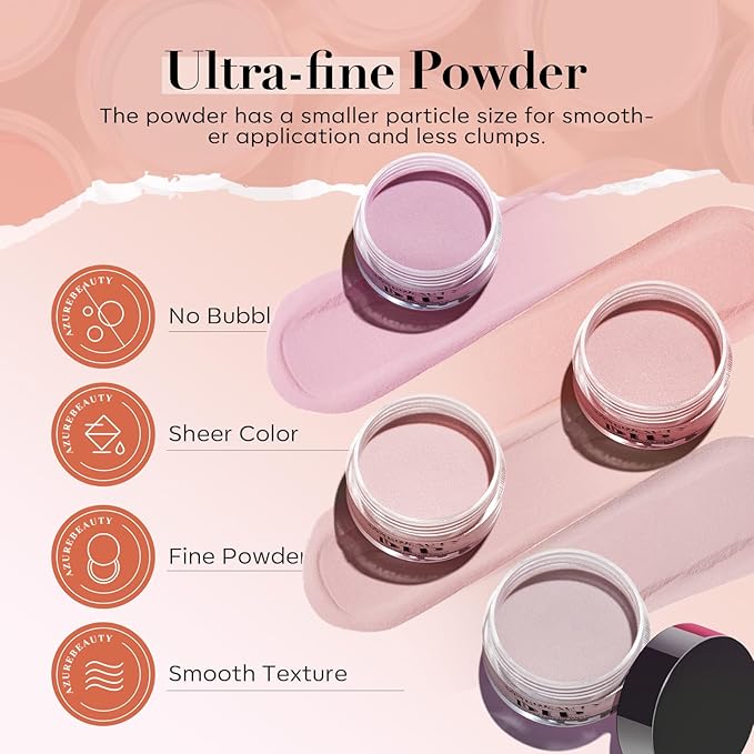 AZUREBEAUTY Dip Powder Nail Starter Kit, 4 Colors Translucent Jelly Nude Gentle Pink Dipping Powder System Liquid Set with Base & Top Coat Activator for French Nail Art Manicure Salon DIY