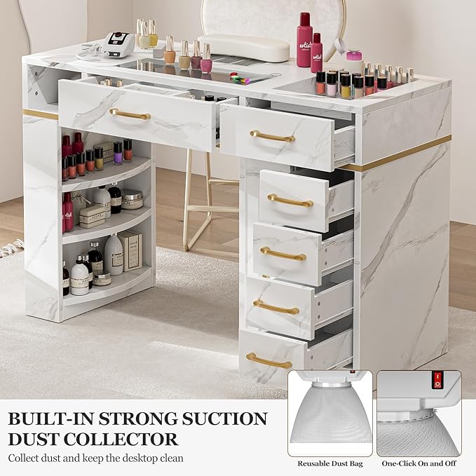Nail Tech Table with Dust Collector, Glass Top Manicure Table Nail Desk Station w/7 Drawers & 3-Tiers Open Shelves, Nail Beauty Workstation w/Wrist Cushion & Golden Handles（Marble Color）