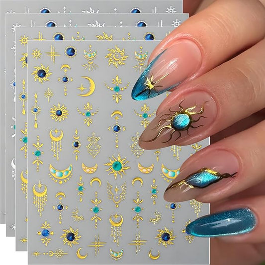 Boho Sun Moon Nail Art Stickers, Star Nail Art Decals 3D Self-Adhesive Gold Silver Sun Moon Nails Stickers Glitter Nail Design 4Pcs Nail Art Supplies for Women and Girls Manicure DIY Decoration