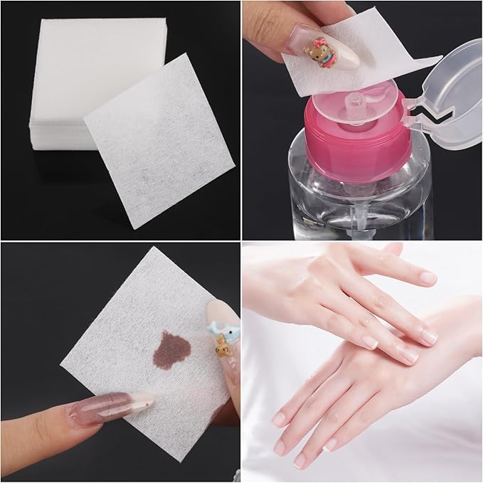 975 Pcs Lint Free Nail Wipes Cotton Pads 2" x 2" and 6oz Nail Polish Remover Push Down Pump Dispenser Bottle