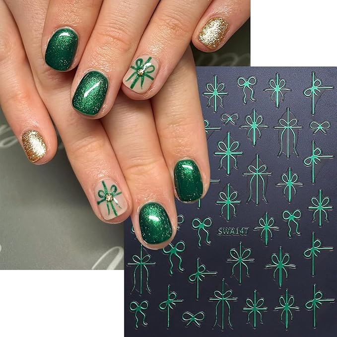 Christmas Nail Art Stickers Bow Nail Decals 3D Self Adhesive Nail Stickers for Nail Art Mixed Shaped Green Red Gold Design Cute Nail Sticker for Women DIY Holiday Manicure Supplies 6 Sheets