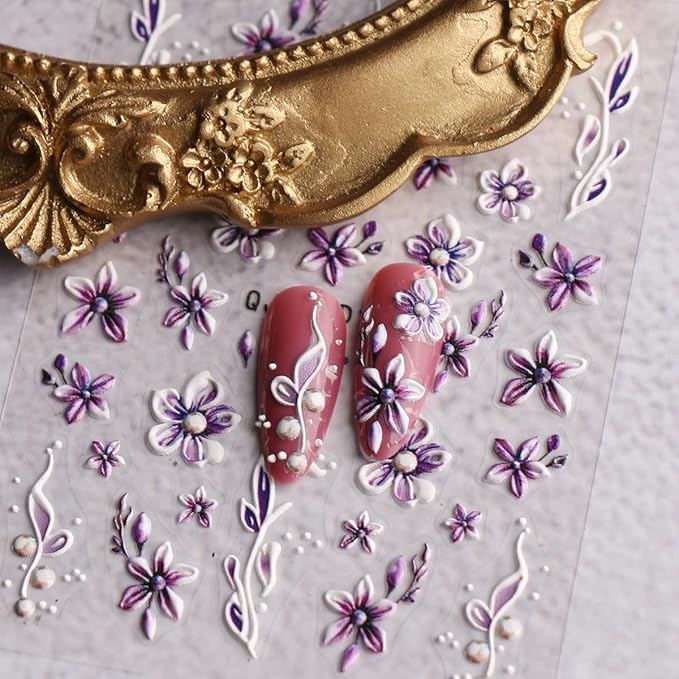 JMEOWIO 3D Embossed Flower Nail Art Stickers Decals Self-Adhesive 5D Spring Summer Floral Nail Supplies Nail Art Design Decoration Accessories 4 Sheets