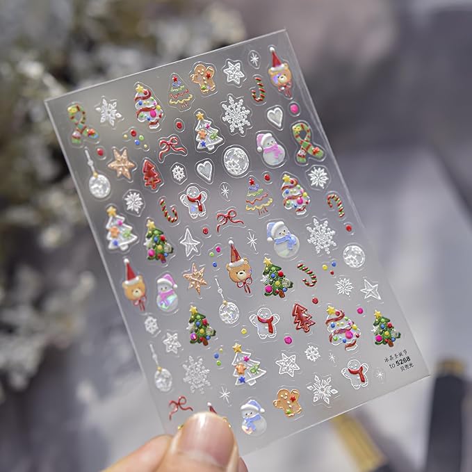 Christmas Nail Art Stickers Xmas Tree Snowman Self-Adhesive Xmas Nail Decals Nail Art Supplies 1PCS Shell Light Lantern Ball Star Gingerbread Man 5D Embossed Christmas Stickers for Nails Decoration