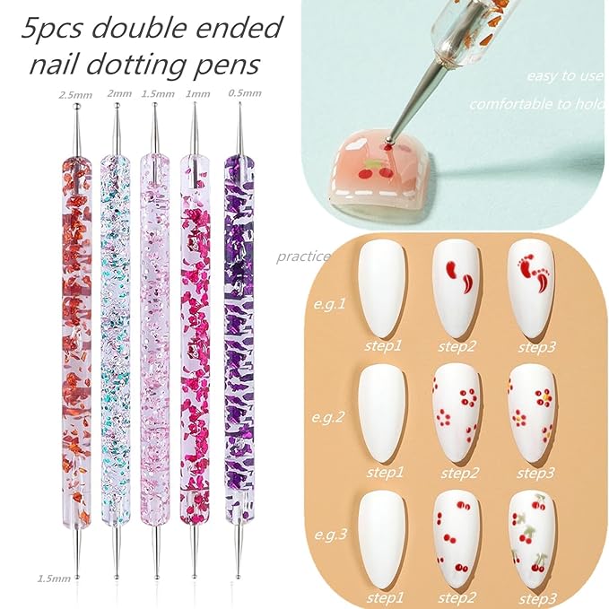 12Pcs Nail Dotting Tools Set, 5 Pcs Double-end Nail Dotting Pen and 7 Pcs Nail Art Painting Brushes