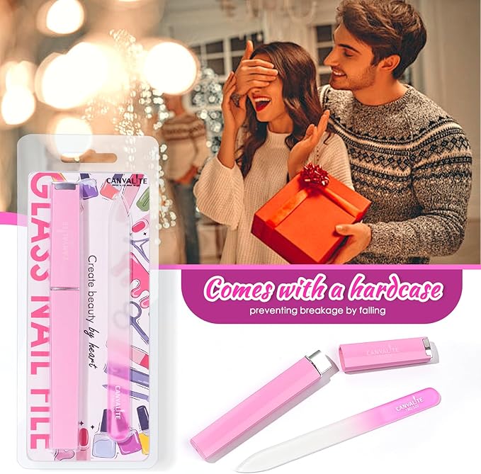 CANVALITE Glass Nail Files for Natural Nails Glass Fingernail File with Case Double Sided 180/320 Grit Stocking Stuffers for Women Girls, Pink