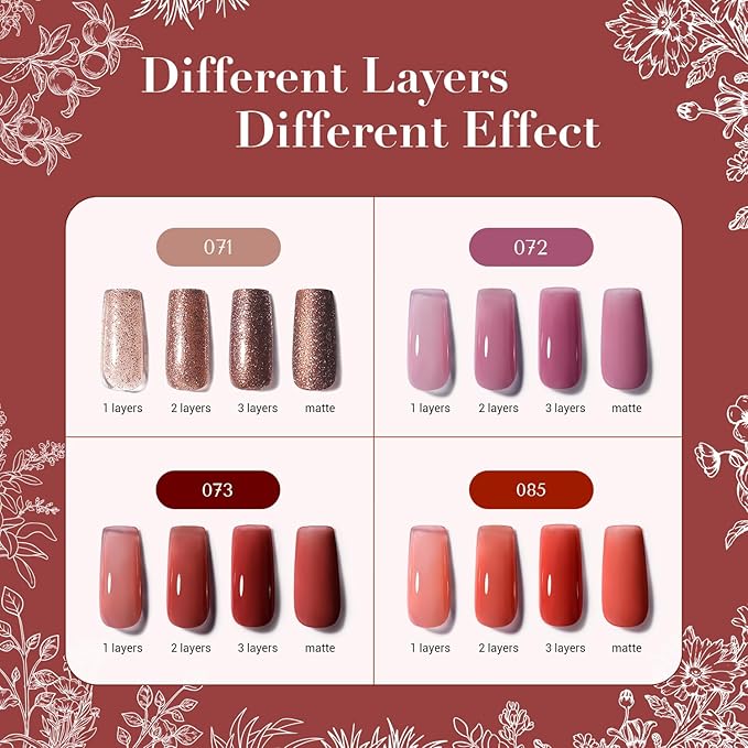 AZUREBEAUTY Nail Polish Set, 4 Colors Rose Red Purple Glitter Quick Dry Natural Nail Lacquer Strengthening Treatment Kit with Top Coat DIY Salon at Home