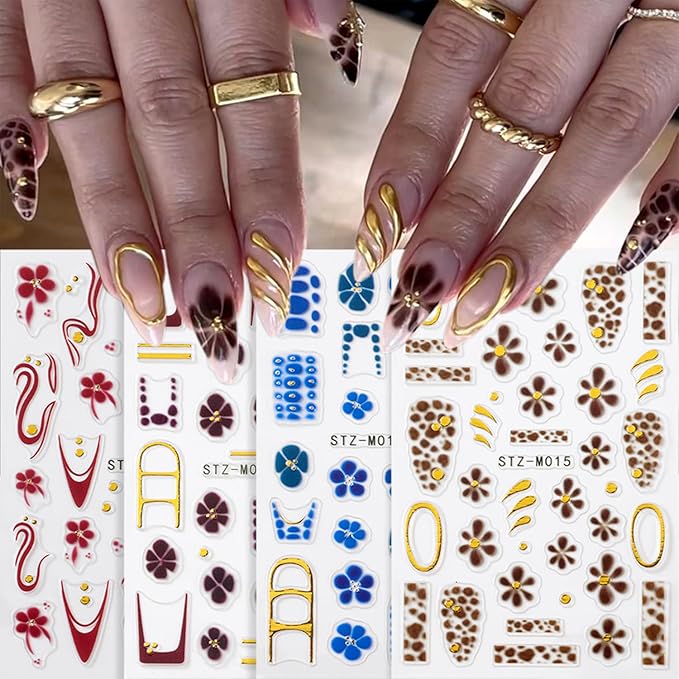 4 Sheets Flower Nail Art Stickers Decals Red Brown Blue Flowers Nail Stickers 3D Embossed Self-Adhesive French Tip Gold Line Nail Decals for Women