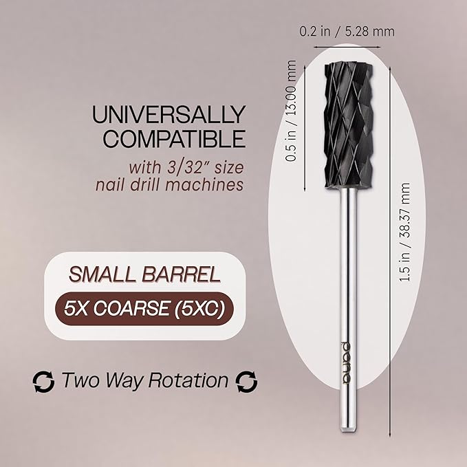 USA PANA Professional 3/32" Shank Size - Flat Top Small Barrel Carbide Bit - 5X Coarse Grit to Extra Fine Grit - Gold, Silver, DLC Black - Nail Drill Bit for Dremel Machine (5X Coarse, DLC Black)