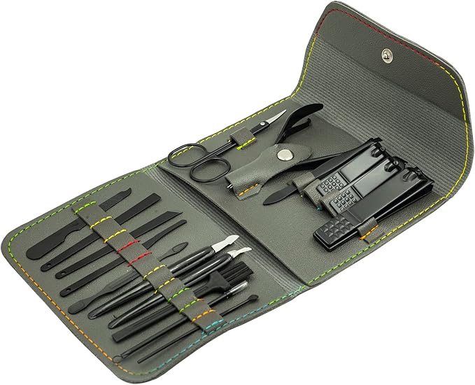 Nail Clipper Set, 16PCS Manicure Set Fingernail Clippers Kit Black Stainless Steel Pedicure and Manicure Kit with Grey PU Leather Case