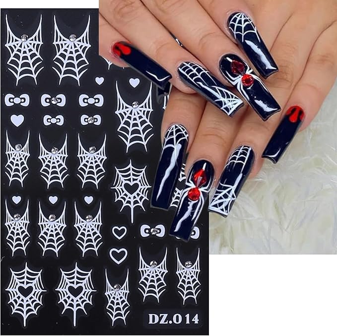 4 Sheets Halloween Spider Web Nail Art Stickers 5D Embossed Halloween Nail Decals with Rhinestone Colorful Spider Web Spider Bow Love Heart Nail Design Adhesive Stickers for Women Decorations Supplies