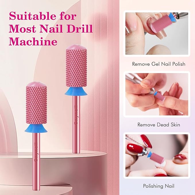3/32" Large Barrel Smooth Round Top Tungsten Carbide Nail Drill Bit Safety Bit for Gel & Acrylic Removal, 2-Way Rotating Efile Tip, Salon Electric File Accessory (M Grit, Rose Red)