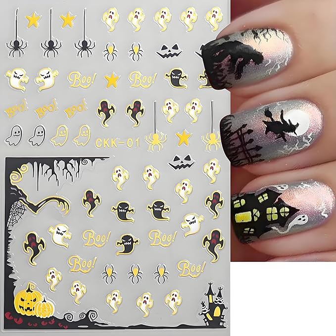Halloween Nail Art Stickers, Ghost Nail Decals 3D Self-Adhesive Horror Ghost Skull Spider Web Bat Pumpkin Glitter Nail Design 8PCS Halloween Nail Art Supplies for Women Decoration