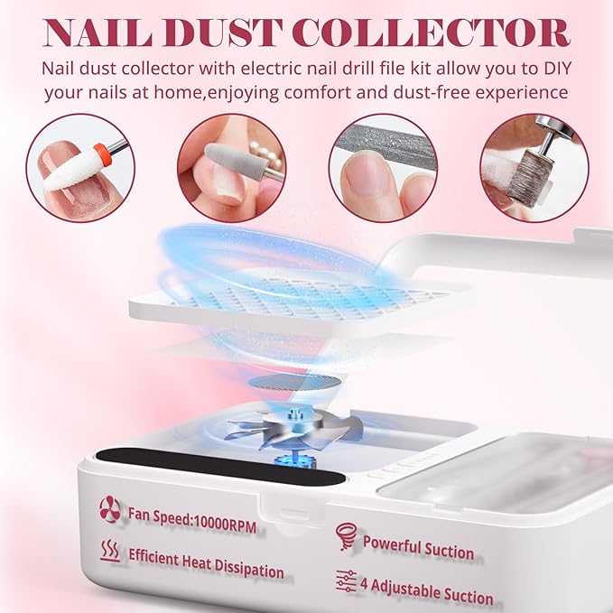 Nail Dust Collector and Cordless Electric Nail Drill File Kit, Professional Portable Manicure Pedicure, 13 Bits, HPro Powerful Dust Suction Machine for Home Salon - White