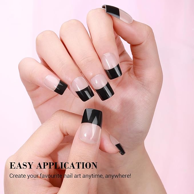 MelodySusie Semi Cured Gel Nail Strips (Black French Tips), 20 PCS Classic Nail Stickers, UV Light Required, Durable and Salon Quality