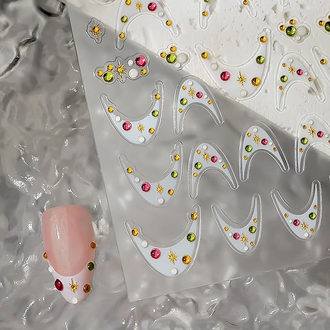 1 Sheets White French Tip Nail Decals for Nail Art 5d Star Diamond Nail Stickers Embossed French Tips Nail Art Stickers Self-Adhesive Colorful Rhinestones Stars Nail Design Sticker for Women