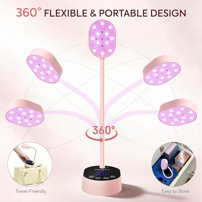 UV LED Nail Lamp, Cordless Gooseneck Mini Flash Cure UV Lamp for Gel X Nails, 36W Portable USB Rechargeable Nail Dryer with Auto Sensor, 4 Timers & LCD Display for DIY Home Manicure (Pink)