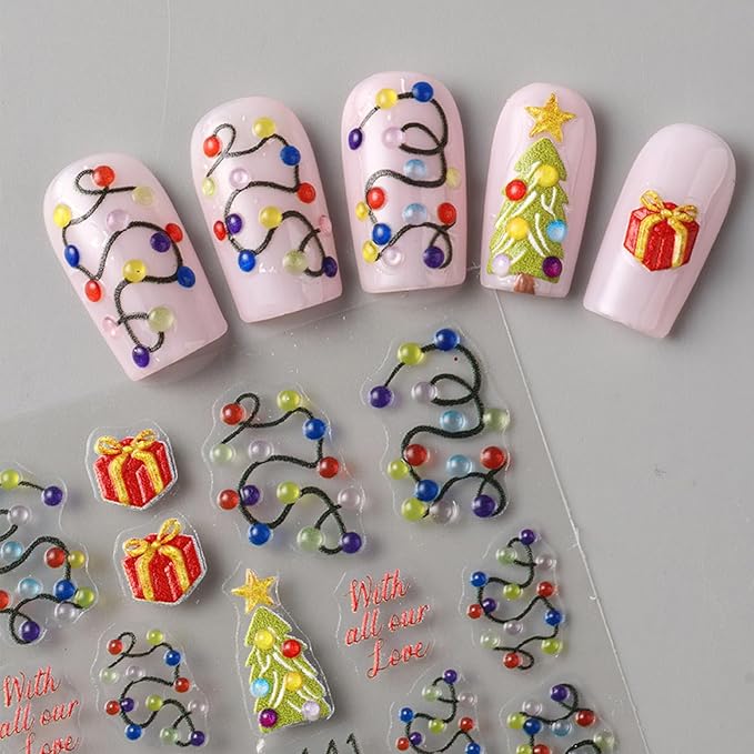 2Pcs Christmas Colorful Light Nail Art Stickers 5D Embossed Nail Decals Neon Lamp Xmas Tree Gifts Design Manicure Sliders Self-Adhesive Winter Nail Art Supplies for Women New Year Nail Decoration