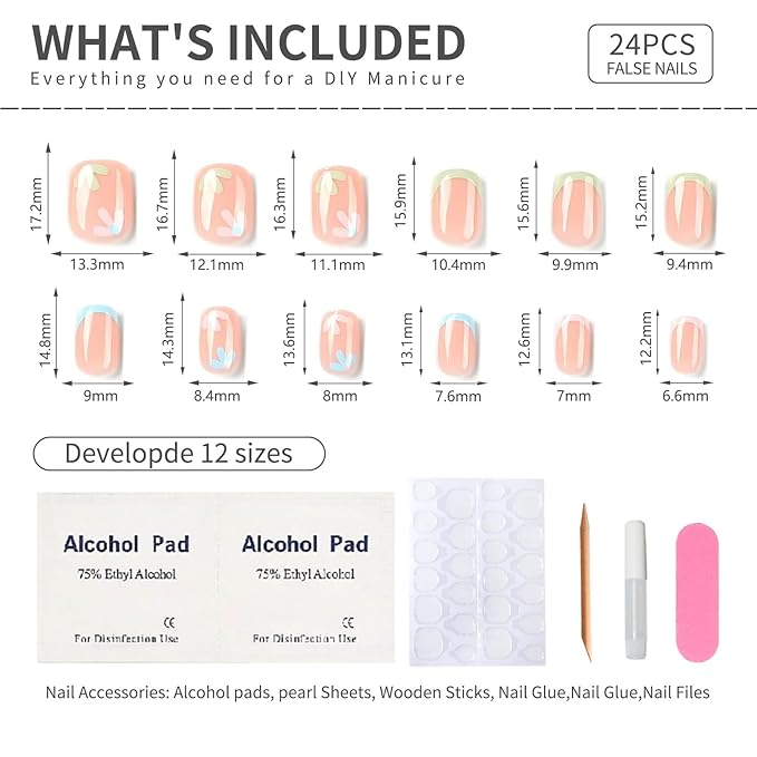 French Pink Press on Nails Short Square, Summer Fake Nails with Cute Blossom Pink Designs, Glossy Gel Finish Acrylic Nails, Thick Natural Reusable Glue on Nails Kit for Women, 24Pcs, Floral Blush