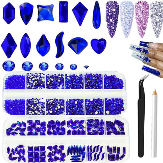 2680Pcs Royal Blue Nail Rhinestones Gems, 120pcs Multishapes Navy Blue Glass Big Nails Gem Stones with Bling Flatback Round Beads, Clear Diamond Rhinestone for DIY Face Eyes Makeup Crafts Decoration