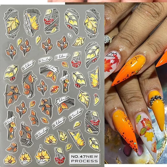 6 Sheets Fall Nail Art Stickers 3D Maple Leaf Nail Decals Autumn Gold Yellow Leaves Mushroom Squirrel Self-Adhesive Nail Designs Thanksgiving Nail Stickers for Women Girls Acrylic Manicure DIY Decor