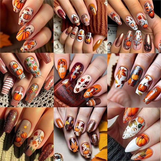 6 Sheets Fall Nail Stickers Autumn Maple Leaf Nail Art Stickers for Nail Art Cute Pine Cones Pumpkin Turkey Designs 3D Self-Adhesive Thanksgiving Nail Decals for Women DIY Acrylic Manicure Decoration