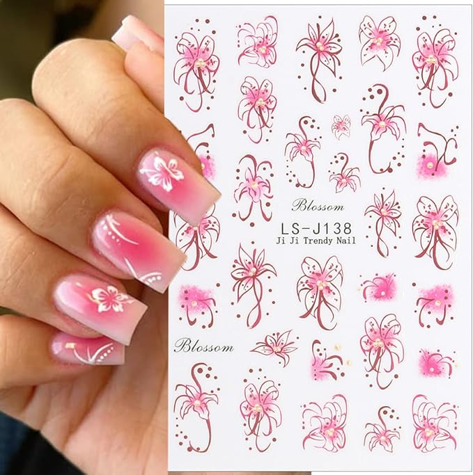 6Sheets Flower Nails Art Stickers Pink Cherry Blossom Nail Decals Butterfly Rose Nail Stickers Spring Summer Floral Design Sticker Cute Lily Flowers Nails Supplies Decorations for Women DIY Manicure