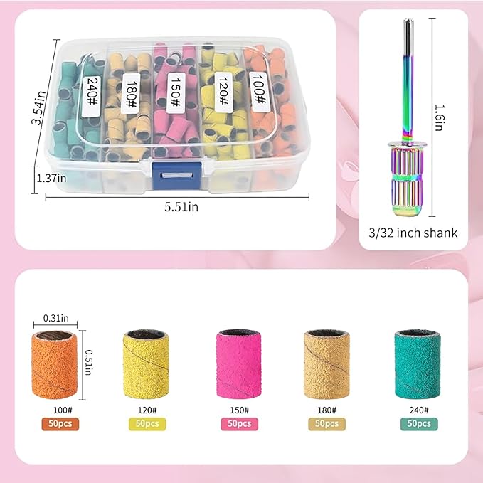 Sanding Bands for Nail Drill KOYOPEPI Nail Drill Sanding Bits #100#120#150#180#240 Grits 250Pcs Nail Sanding Bands Mandrel Bit