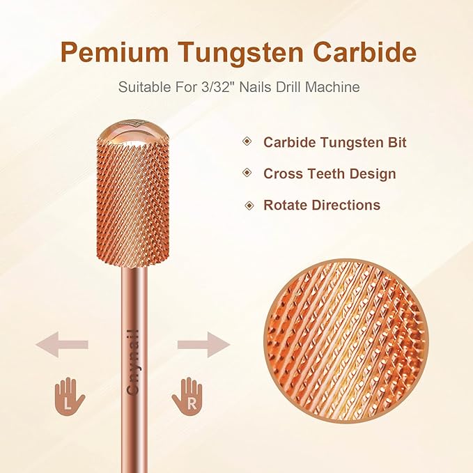3/32" Large Barrel Smooth Round Top Tungsten Carbide Nail Drill Bit Safety Bit for Gel & Acrylic Removal, 2-Way Rotating Efile Tip, Salon Electric File Accessory (F Grit, Rose Gold)