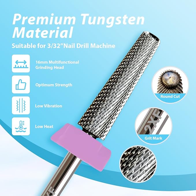 16mm 5 in 1 Nail Drill Bits for False Nail Apply, 3/32'' Tungsten Carbide Professional Bit, Slender Bit for Corners, Left & Right Hand Use, Manicure Cuticle Gel Polishing, Double Fine.