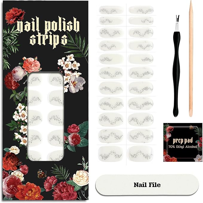 Nail Polish Strips - 22 Pcs Salon Quality Gel Nail Stickers - Long Lasting Wraps (Snow Lotus White Flower)