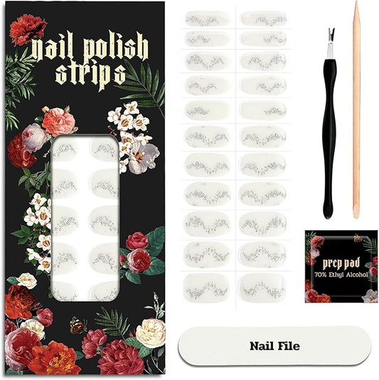 Nail Polish Strips - 22 Pcs Salon Quality Gel Nail Stickers - Long Lasting Wraps (Snow Lotus White Flower)