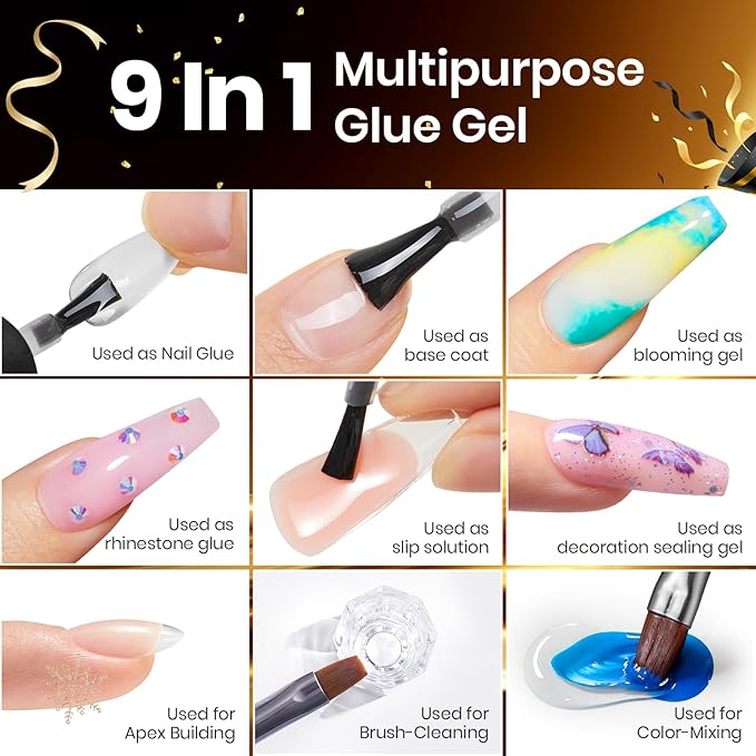 Beetles 9 in 1 Gel Nail Glue for Acrylic Nails Tips, 2 Pcs 10ml Super Strong Nail Glue for Clear False Nails Tips Base Coat Rhinestones Blooming Art Christmas Nails Long Lasting U V Light Cure