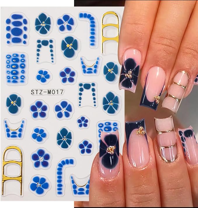 4 Sheet Fall Flower Nail Art Stickers 3D Self-Adhesive French Tip Nail Stickers with Golden Gilding Lines Leopard Print Design Autumn Floral Nail Decals Nail Art Supplies for Women Acrylic Manicure