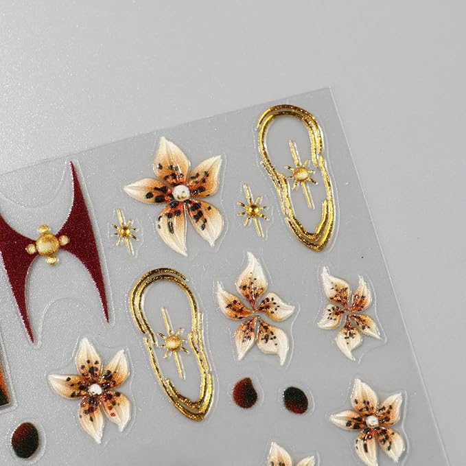3 Sheets Brown Leopard Print Nail Stickers 5D Embossed Floral Nail Decals Exquisite Line Fall Brown Leopard Print Flower Nails Design Gold Stars Nails Supplies for Women Autumn Winter Manicure Decor