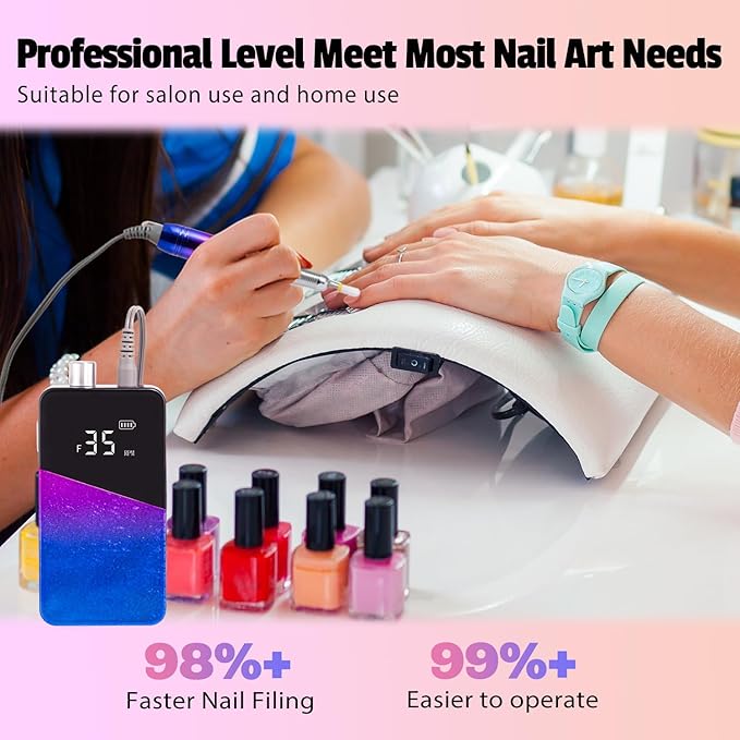 Electric Nail Drill Machine 35000RPM Professional Portable Nail File Cordless Rechargeable Nail Efile for Acrylic Gel Nails Manicure Pedicure Polishing Shape Tools for Salon Home Use Nail Drill(Blue)