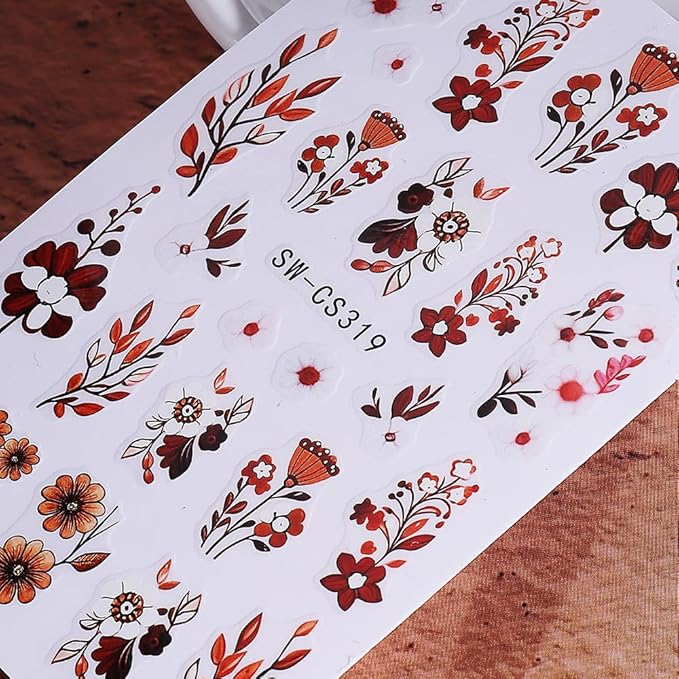 Fall Flower Nail Art Stickers Decals 3D Self-Adhesive Flower Nail Decals Nail Art Supplies 6PCS Brown Flowers Leaf Fall Winter Nails Design Manicure Sliders Accessories for Women DIY Nail Decorations