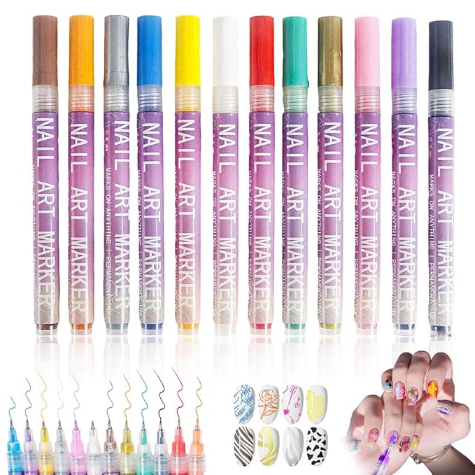 12 Colors Nail Art Pens Set, 2026 New Nail Art Markers for Gel Nails, Nail Art Tools for 3D Nail Art, Nail Art Markers Polish Pen for Graffiti Dotting Drawing Painting Point Liner DIY
