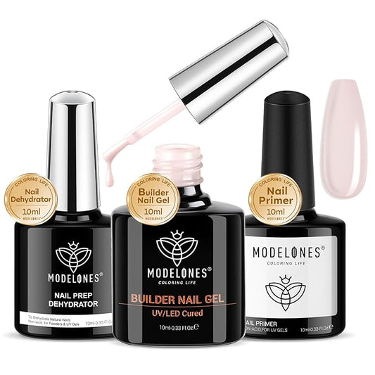 modelones Nail Dehydrator and Primer with Builder Nail Gel, 3Pcs Cover Nude Pink LED Gel Builder Polish Base Coat Prep Dehydrate & Bond Primer for Apex Building Thickening 10ml Home DIY Salon