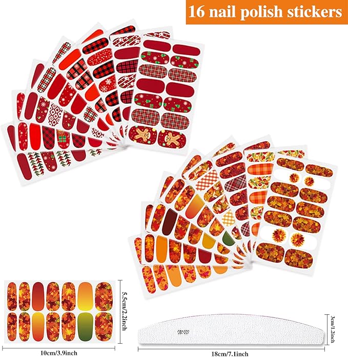 224 Pieces 16 Sheets Women's Nail Wraps Christmas Nail Polish Strips Stickers for Nails Self Adhesive Maple Leaf Fall Nail Wraps Fingernail Stickers with Nail File for Women Girls