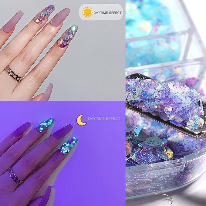 Luminous Nail Glitter Sequins Fluorescent Iridescent Mixed Hexagon Flakes Decoration Holographic 3D Glow Ultra-Thin Confetti Nails Supplies for Women Girls Manicure Tips DIY Crafts Makeup (6 Colors)