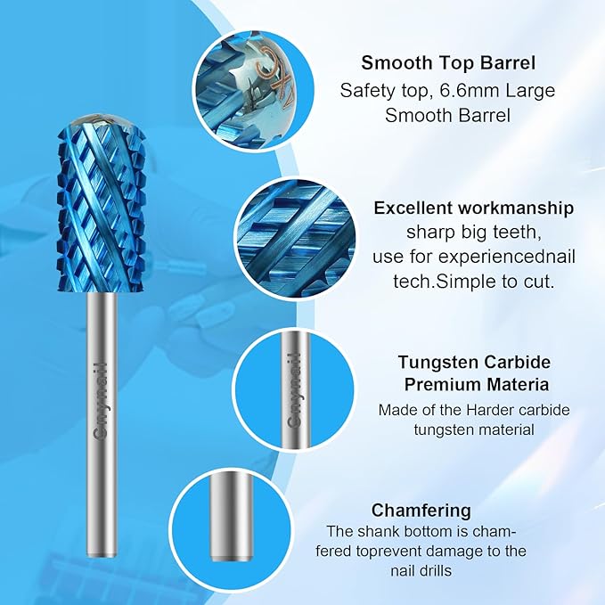 3/32" Large Barrel Smooth Round Top Tungsten Carbide Nail Drill Bit Safety Bit for Gel & Acrylic Removal, 2-Way Rotating Efile Tip, Salon Electric File Accessory (4XC Grit, Blue)
