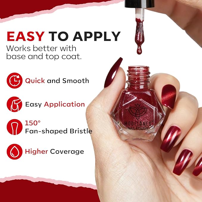 modelones Nail Polish Set, 6 Colors 2025 Classic Apple Red Cat Eye Glitter Mini Quick Dry Nail Lacquer Kit, Ruby Cherry Red Magnetic Sparkle DIY Nail Art Manicure Gift for Women Girls