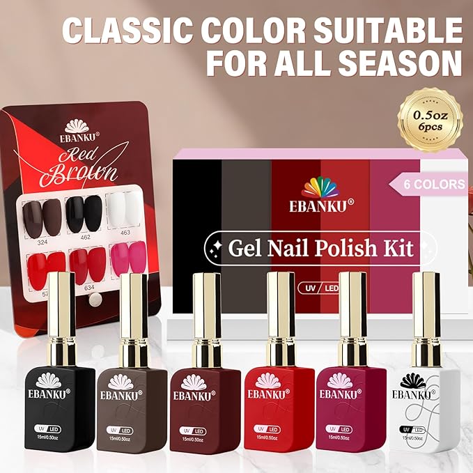 EBANKU 6 Pcs 15ML Red Gel Nail Polish Set- Dark Red Burgundy Gel Polish Same Color Same Bottle Soak Off Gel Polish Kit Nail Art Manicure Christmas Gifts for Women (Dark Red White Black Brown)