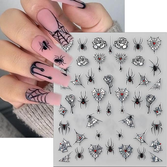 6Pcs Halloween Nail Stickers 3D Spider Web Skull Goth Nails Decals Black Skeleton Hand Bone Bat Spiders Nails Design Ghost Stickers Horror Halloween Nail Art Supplies for Women DIY Manicure Decoration
