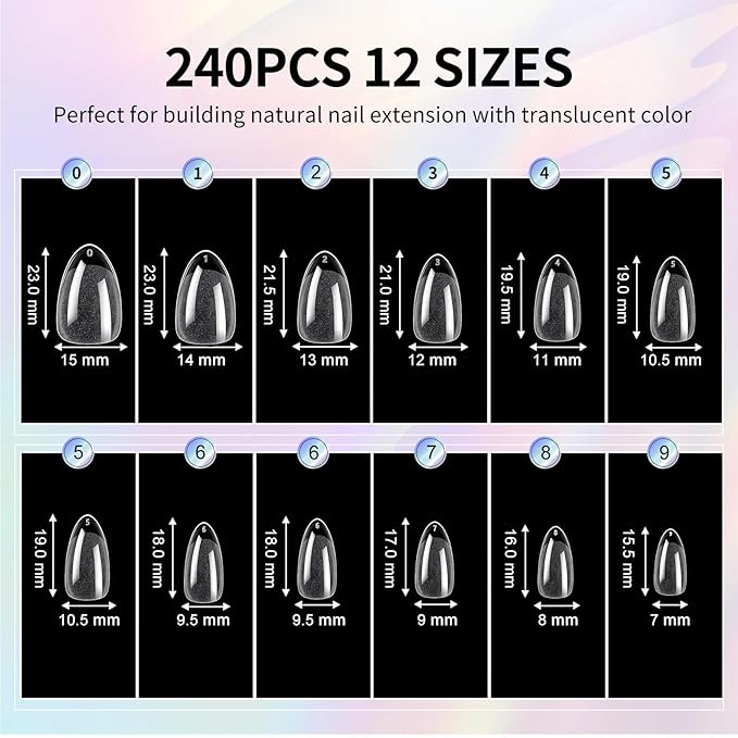 Short Almond Nail Tips 240Pcs Short Fake Nails Soft Press On Gel Nail Tips Pre-Shaped Half Matte Gelly Press on Fake Nails Tip for Acrylic Nail Tip Extension Home DIY & Salon Nails 12 Sizes