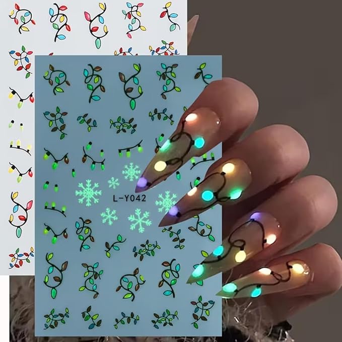 6PCS Christmas Nail Art Stickers Luminous Christmas Nail Decals Xmas Tree Light String Nail Art Supplies 3D Self-Adhesive Nail Stickers Colorful Light Nails Accessories for Women Xmas Nails Decoration