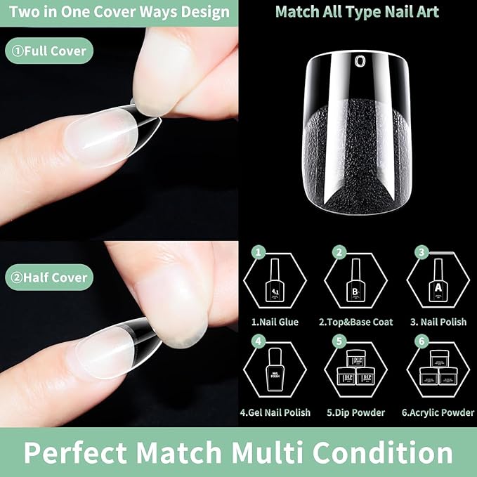 Short Square Nail Tips, 216pcs Acrylic Soft Fake Nails Gel Nail Tips, Full Cover Pre-Shaped Matte Clear Press on Nails for Extension, Diy at Home Manicure 12 Sizes