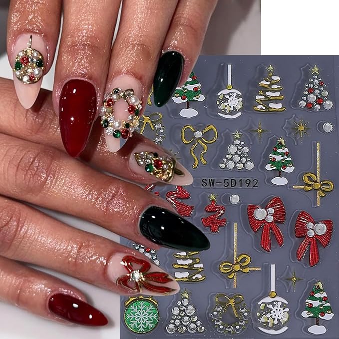 Christmas Nail Art Stickers 5D Relief Nail Decals Bow Nail Stickers for Nail Art Colorful Christmas Tree Heart Bow with Rhinestone Design Snowflake Nail Sticker for Women DIY Holiday Nails 3 Sheets