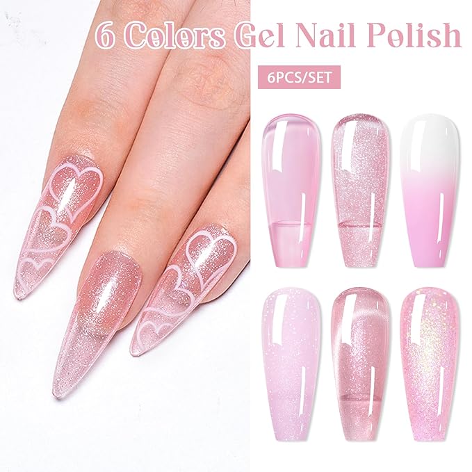 MEET ACROSS Gel Nail Polish Set 6 Pcs Glitter Colors Gel Nail Kit Art Design Soak Off UV LED (SET-7, 6pcs)